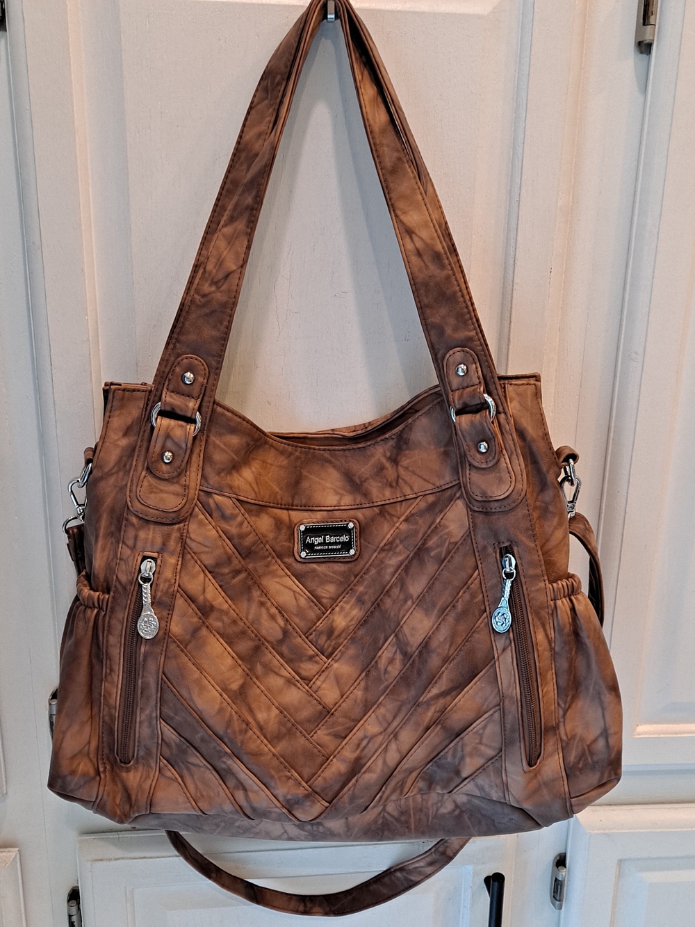 Angel Barcelo Distressed Marbled Tan Slouchy Hobo Chevron Vegan Crossbody Tote